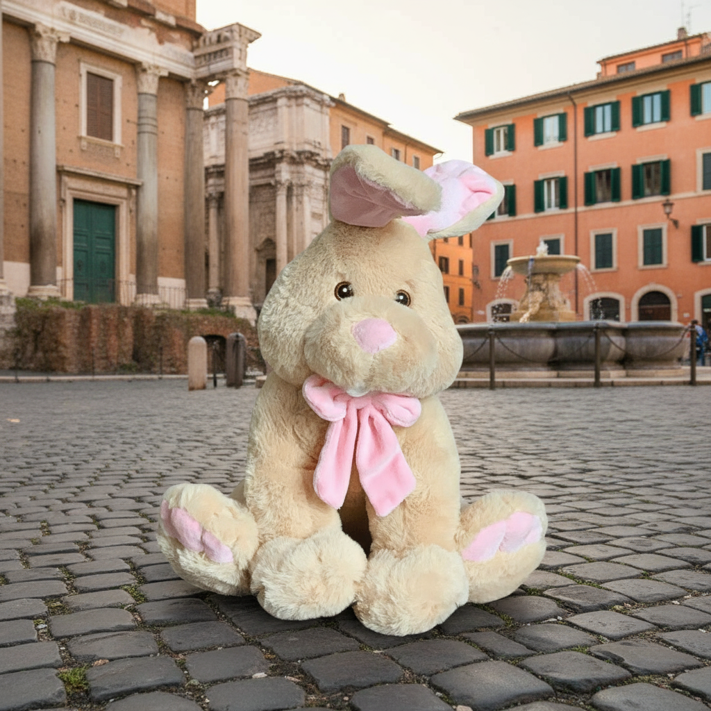 Jucărie copii Iepure de plus cafeniu cu funda 30 cm