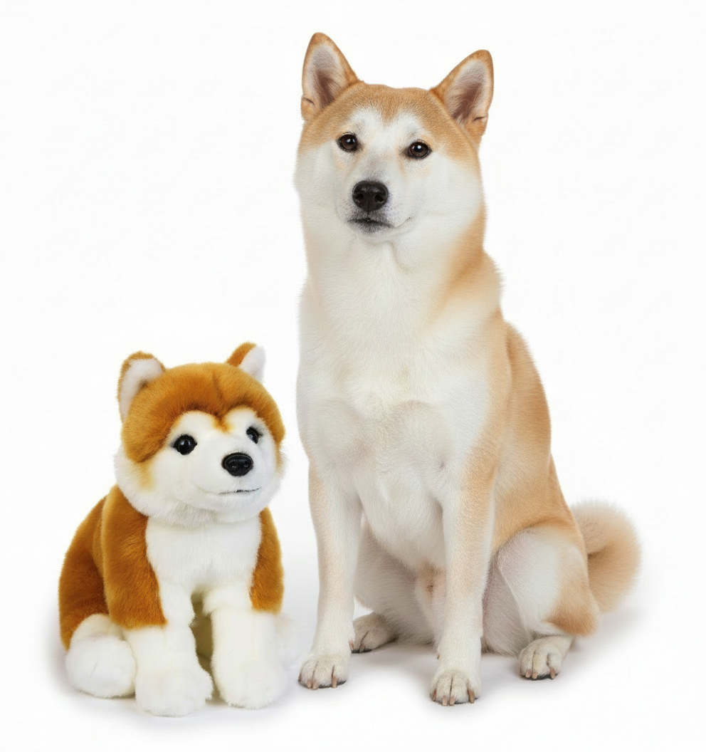 Jucarie cățel din pluș Shiba Inu Shiro 25 cm  langa un catel real Shiba Inu Shiro. Pe care-l alegi?
