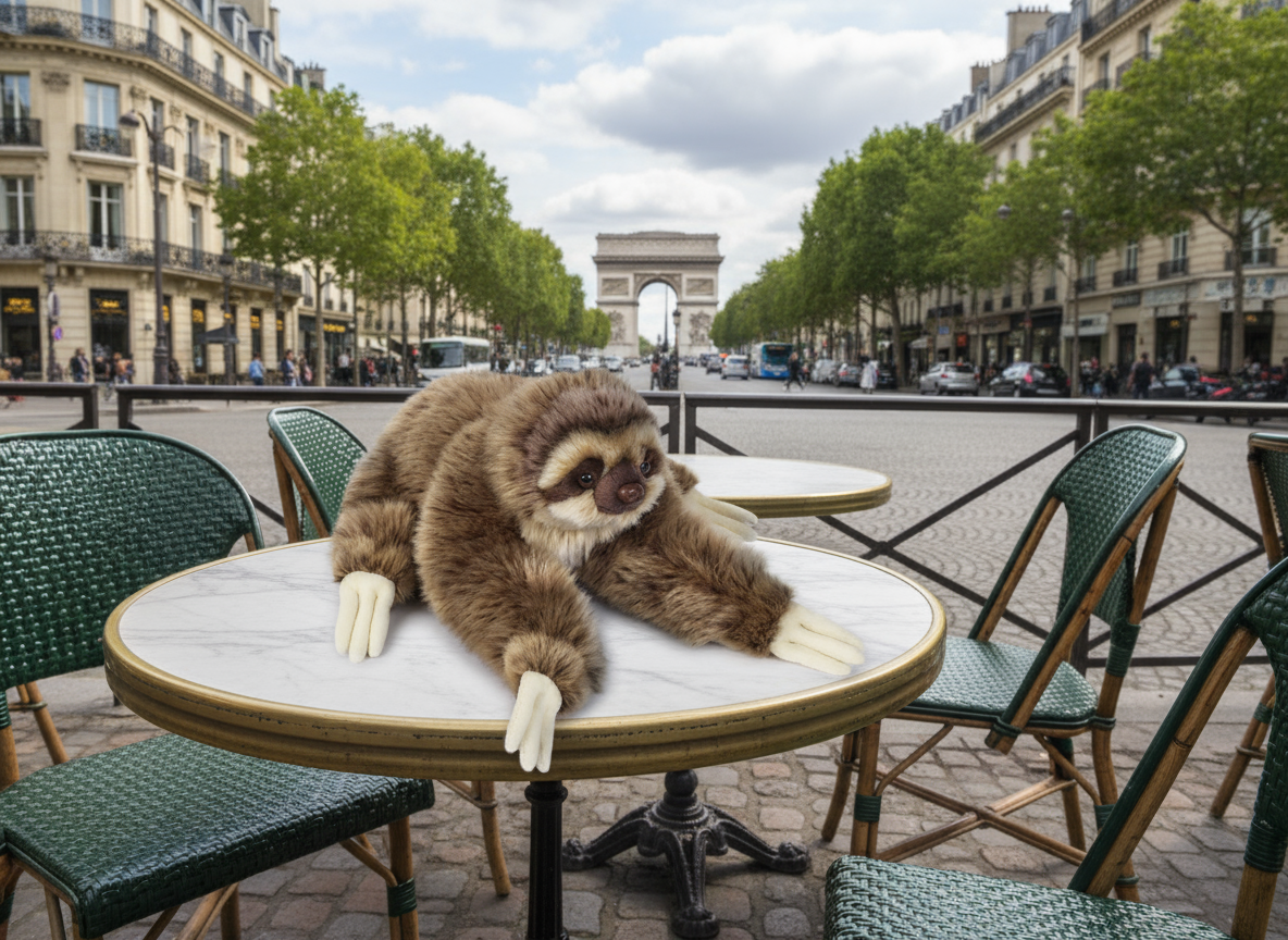 Jucărie de pluș leneș 30 cm, fotografiată pe o masă la o cafenea pariziană.