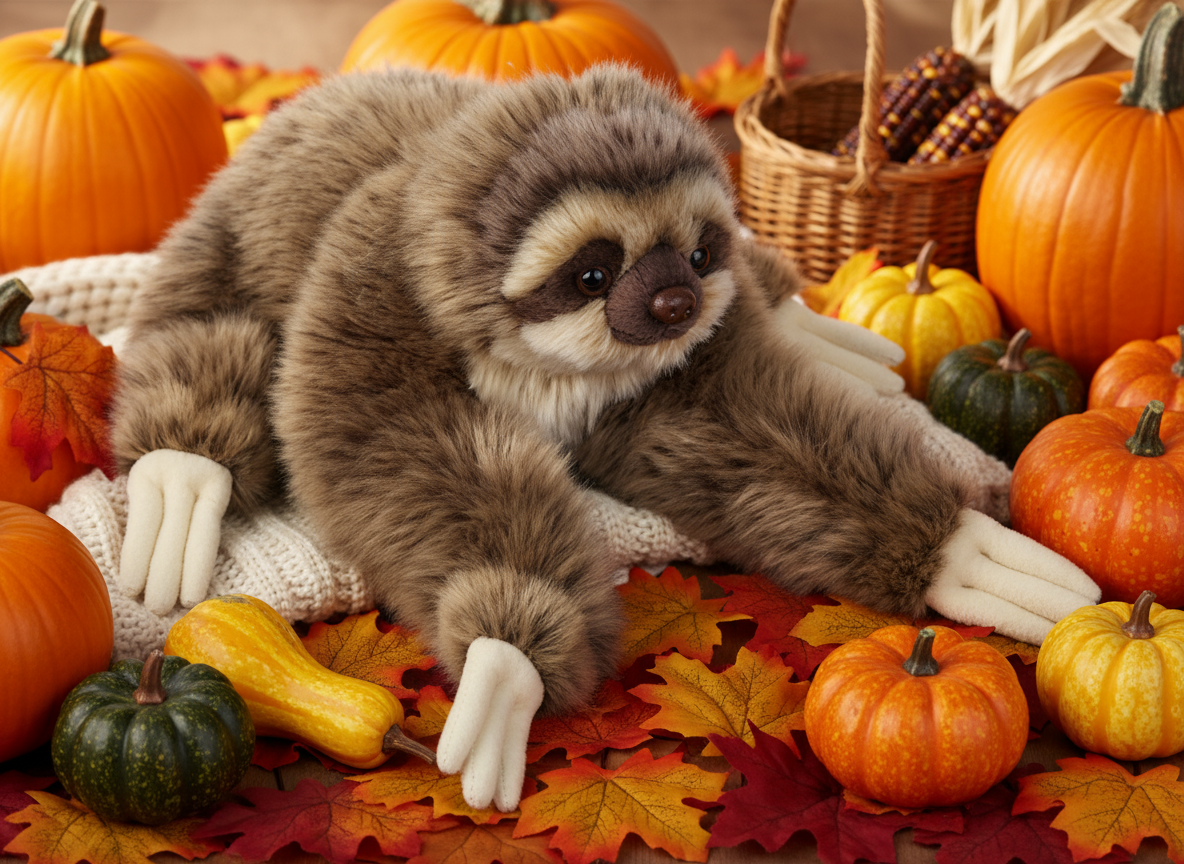 Leneș de pluș pufos, 30 cm, jucărie drăgălașă din colecția Lelly, in decor de toamnă 