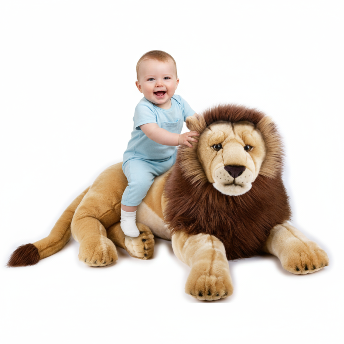 Leu de pluș Lelly mare, jucărie moale și realistă pentru copii.