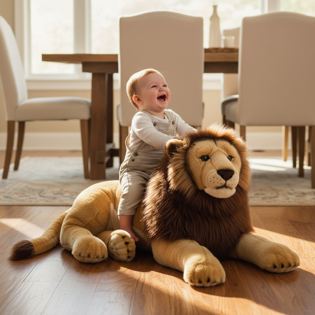 Jucărie Leu din pluș Lelly, de 1 m, ideală pentru decor sau joacă, model premium.