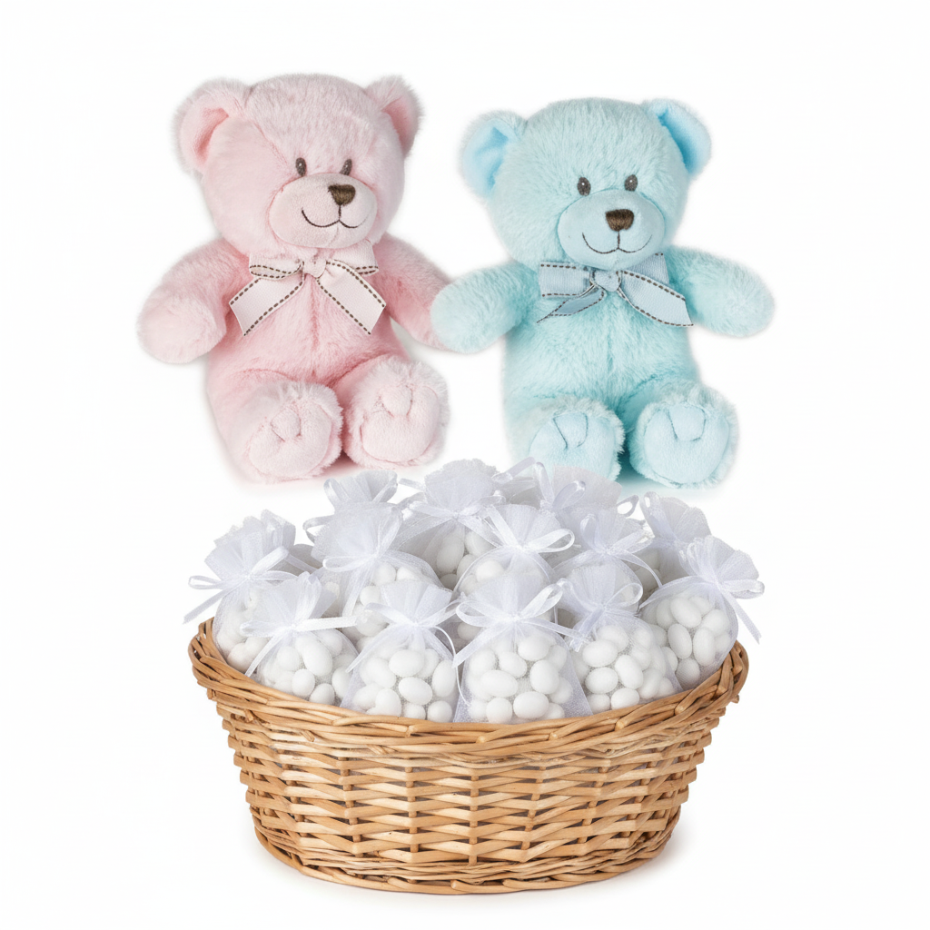 Ursulet din plus 23 cm de culoare bleu sau roz de pus la lumanarea de botez baietel